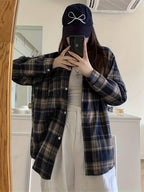Women's plaid shirt spring and autumn jacket loose lazy style new Korean version versatile casual top spring and autumn thin version petite American retro Hong Kong style vacation commuting essential - Gray Blue Grid