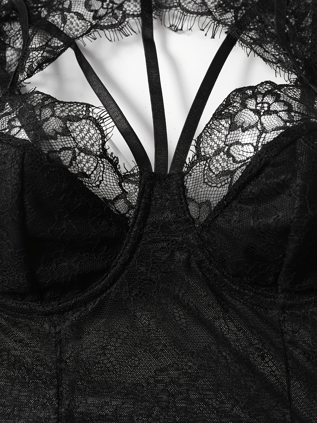 Sexy Crew Neck Hollow Out Lace Eyelash Bodysuit for Women - Black