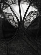 Sexy Crew Neck Hollow Out Lace Eyelash Bodysuit for Women - Black