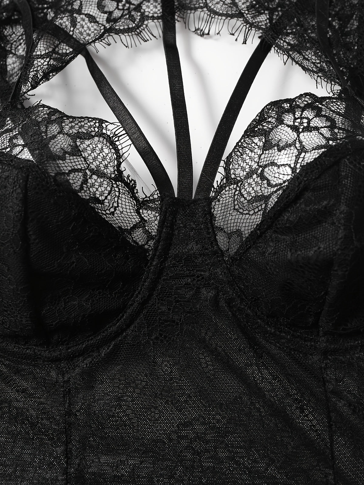 Sexy Crew Neck Hollow Out Lace Eyelash Bodysuit for Women - Black