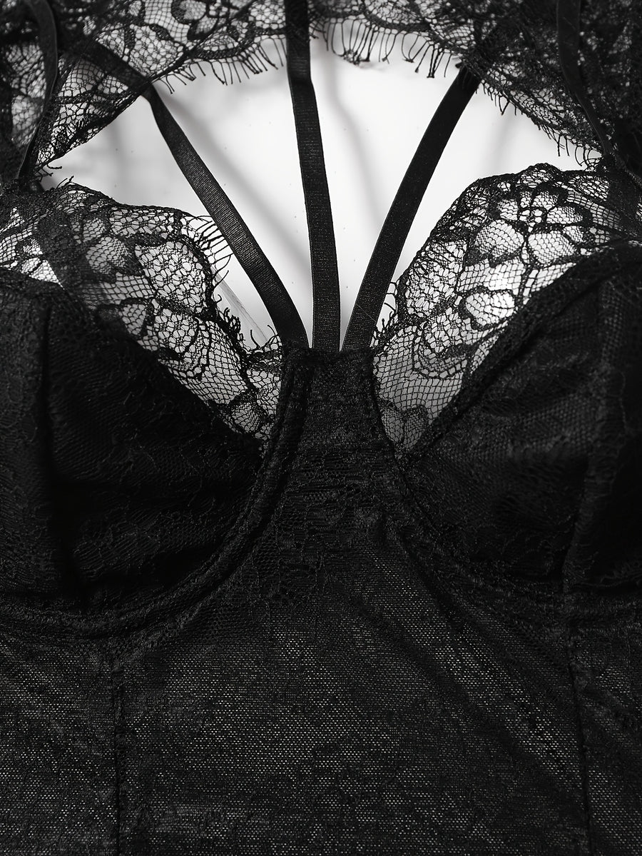 Sexy Crew Neck Hollow Out Lace Eyelash Bodysuit for Women - Black