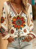 Casual Temperament Elegant Fashion Design Vacation Charm Vintage Long Sleeve V-Neck Printed Top, Vacation Commute All-Match Fashion Top, Women'S Clothing - Mixed colors