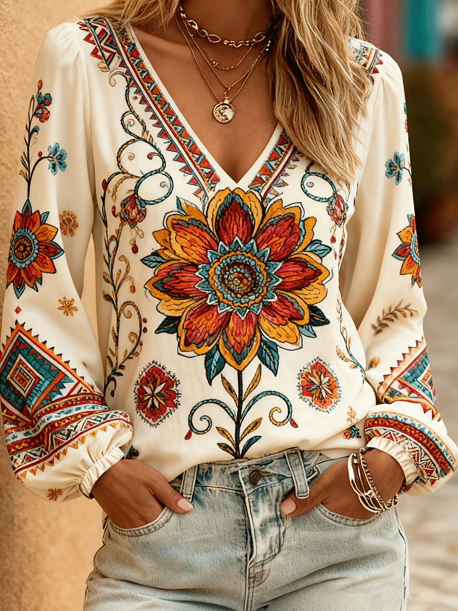 Casual Temperament Elegant Fashion Design Vacation Charm Vintage Long Sleeve V-Neck Printed Top, Vacation Commute All-Match Fashion Top, Women'S Clothing - Mixed colors