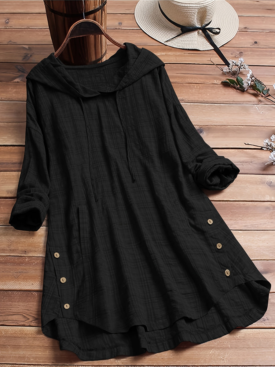 Casual Long-Sleeve Hooded Shirt, Asymmetrical Top, Stylish Plaid Blouse, Autumn Waist-Tied Outerwear for Women, Elegant Long-Sleeve Drawstring Shirt - Black