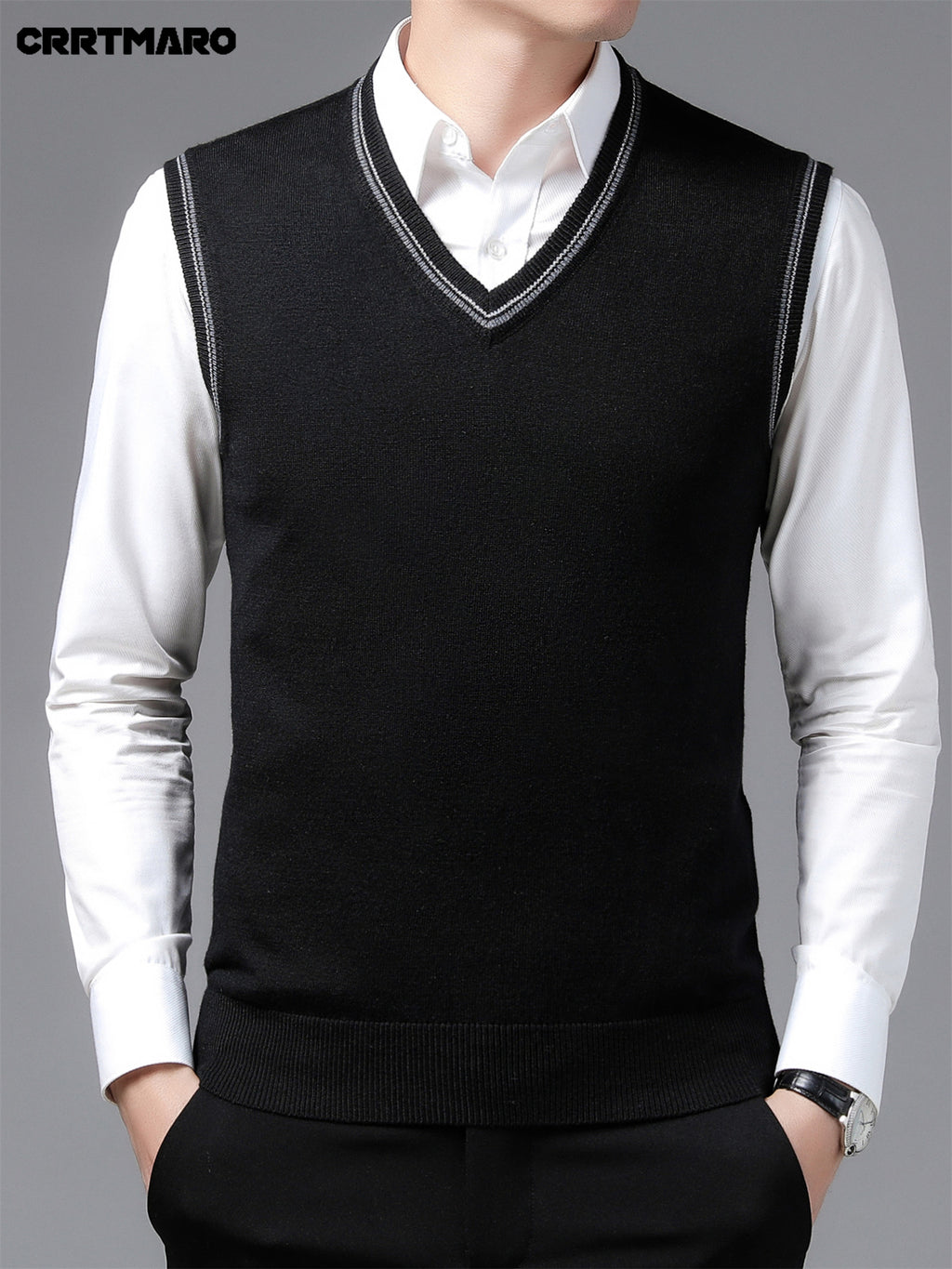 Men'S Solid Color, Business Casual Sweater Vest, Warm Casual Layering Top for Fall And Winter - Black