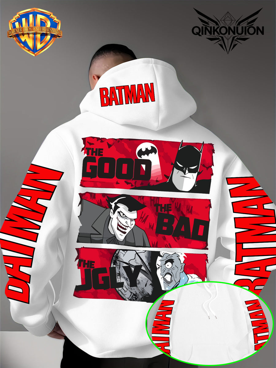 Warner Official Men's Hoodie, Red Bottom Three Grid Comic Batman Joker Character Print Design, Machine Washable, Warm and Casual for Autumn and Winter, Daily Drawstring Hoodie, Multi Functional Sports and Leisure Loose Version - White
