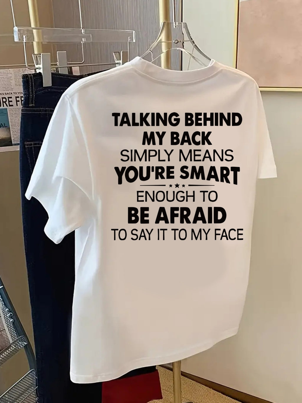 Talking Behind My Back, Smart People Print T-Shirt Short Sleeve Crew Neck Casual Top for Summer Spring, Women'S Clothing - White