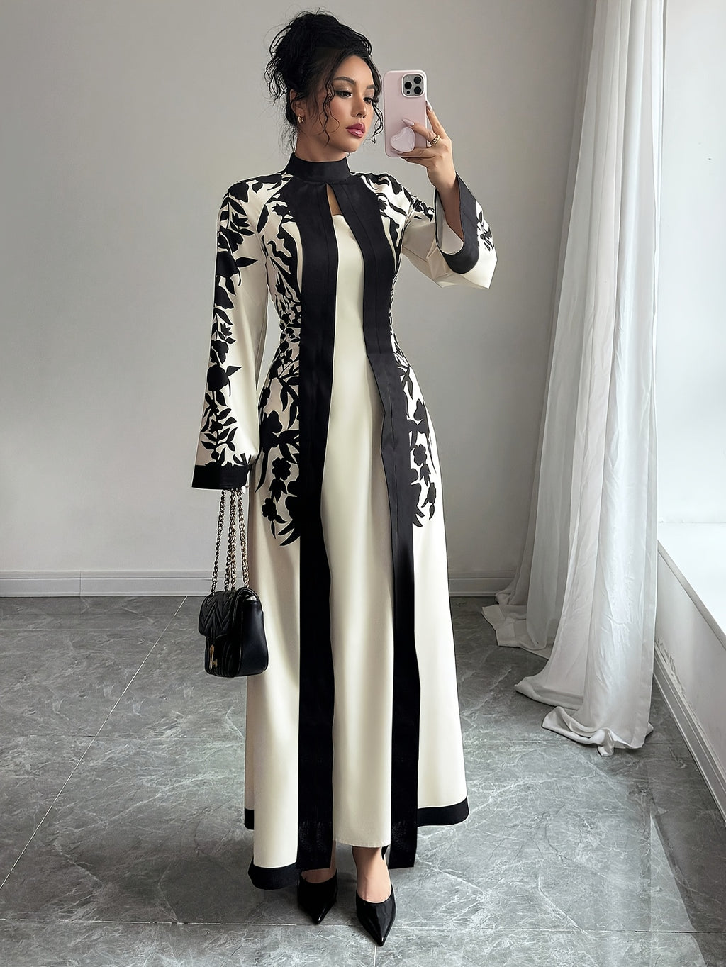Fashionable Elegant Faux Two-Piece Fall/Winter New Floral Print Long Sleeve Maxi Dress - Apricot