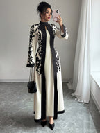 Fashionable Elegant Faux Two-Piece Fall/Winter New Floral Print Long Sleeve Maxi Dress - Apricot