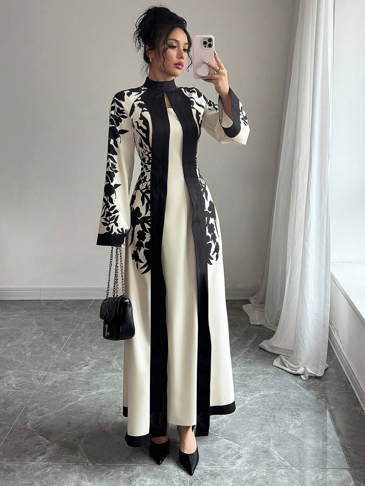 Fashionable Elegant Faux Two-Piece Fall/Winter New Floral Print Long Sleeve Maxi Dress - Apricot