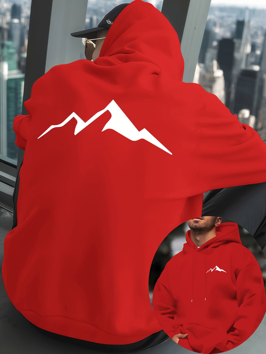 Mountain Men'S New Trendy Autumn Winter Hooded Sweatshirt, Casual Daily Drawstring Hoodie Creative Design Print, Kangaroo Pocket, Unisex Top - Red