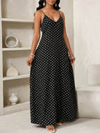 Women'S Summer Casual Vacation Style Polka Dot Printed Loose Pocket Buckle Dress - Black