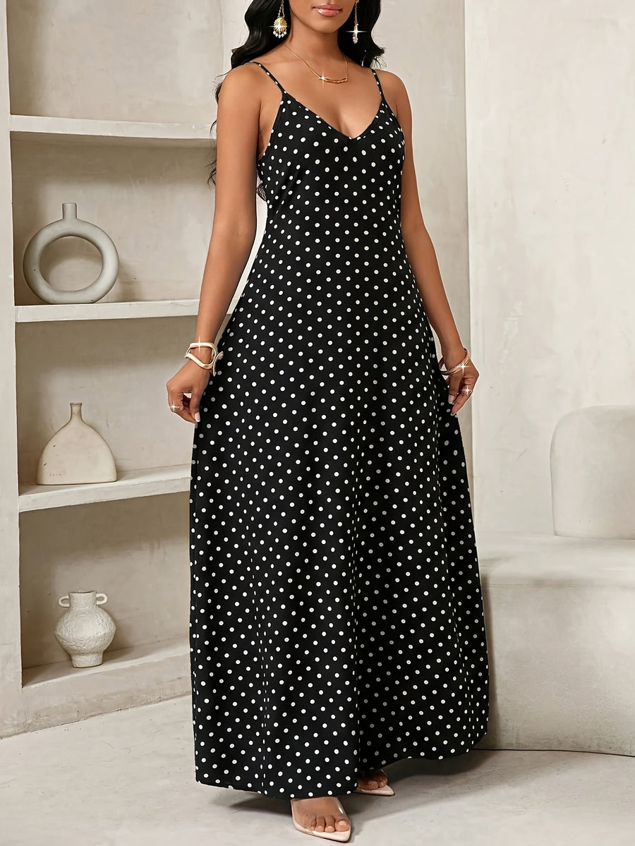 Women'S Summer Casual Vacation Style Polka Dot Printed Loose Pocket Buckle Dress - Black