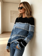 [Printed Pants - Not Denim Fabric] Retro Street Style Long Sleeve Tee for Women, Simulated Denim Splicing with Frayed Edge Graphic, Relaxed Fit Casual Outfit for Fall Season - Mixed colors