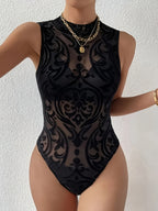 Sexy Mesh Flocked Sleeveless Bodysuit - Black