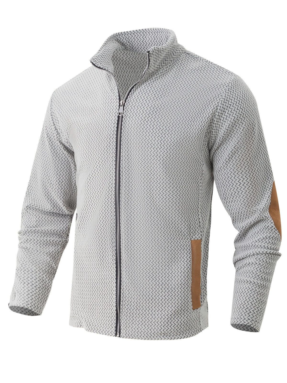Men's Full-Zip Jacket with Herringbone Patchwork Collar & Stand Collar - Loose Fit Winter Coat, Zippered Outerwear Suitable for Fall/Winter, Machine Washable Warm Jacket for Casual Wear and Layering - Ivory White