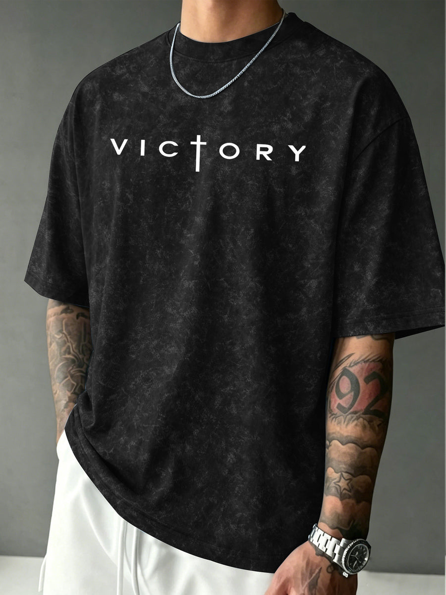 American-style Distressed Washed Short-sleeve T-shirt with Cross and Creative Letter Print, Men's Simple Versatile Trendy Crew Neck Short-sleeve Top - Black