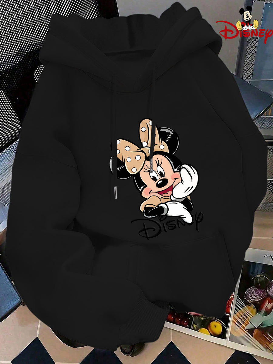 Minnie Mouse Face Print Japanese Hooded Sweatshirt, Loose Casual Kangaroo Pocket Pullover Top - Black