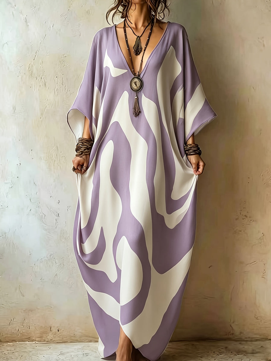 Boho Abstract Color Block Print Kaftan Dress for Women, V-Neck Batwing Sleeve Oversized Vacation Maxi Dress, Beach Cover Up Kaftan Gown - Light Purple