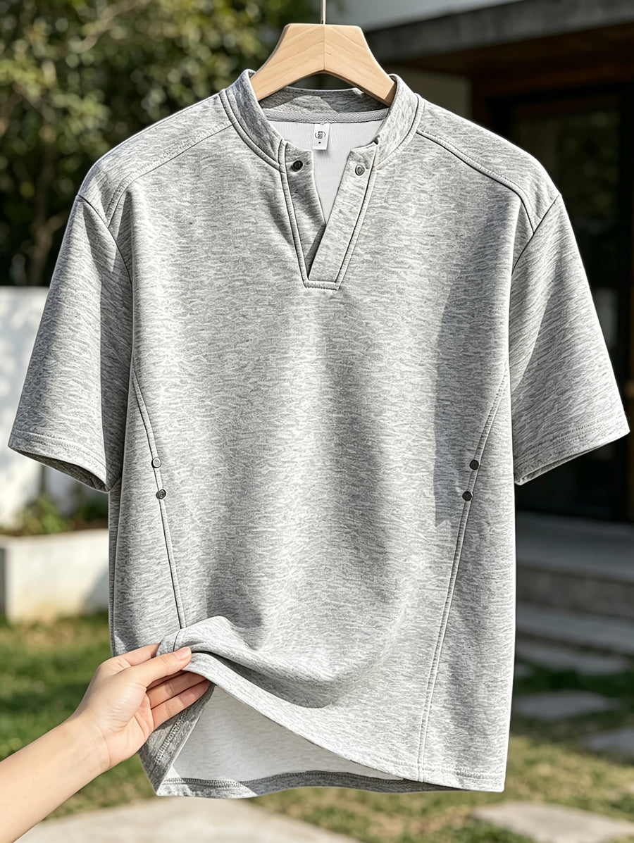 Men'S Casual Athletic T-Shirt, Studded Deconstructed V-Neck Short Sleeve, Summer Trendy Slim Fit Heavyweight Individual Top - Grey