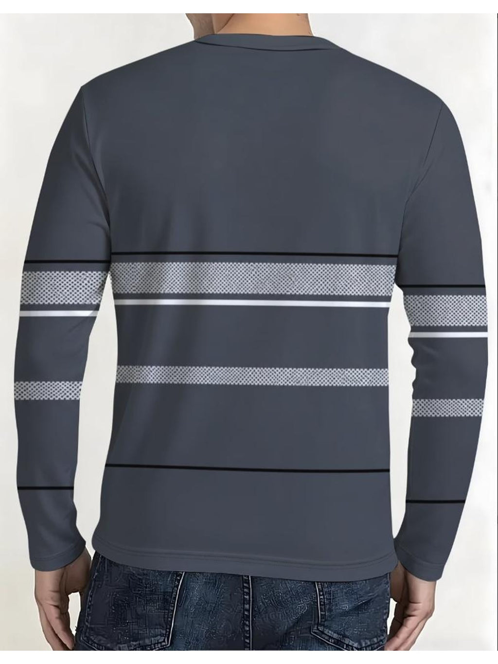 Printed Design – Not Textured New Men'S Long Sleeve T-Shirt, Dark Gray Multi-Tone Silvery Gray Contrast Horizontal Stripes Chest Small Round Neck Slim Fit Business Casual Versatile - Mixed colors