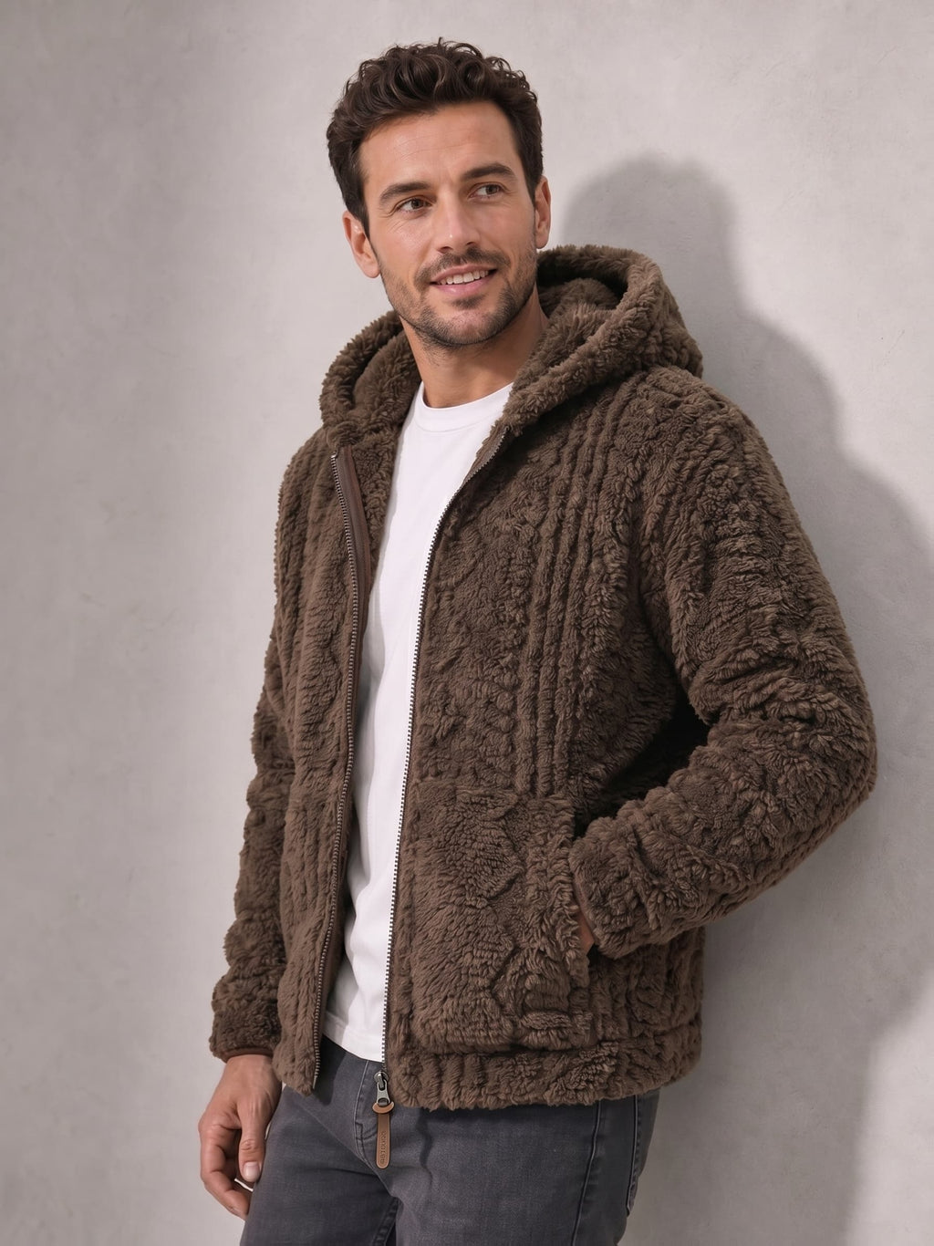 Men'S Plush Fleece Hooded Jacket, Full-Zip Long Sleeve Outerwear with Hand Pockets, Elastic Cuffs And Hem, Solid Color Textured Casual Jacket for Fall/Winter Daily Wear, Travel And Outdoor Activities - Coffee Color
