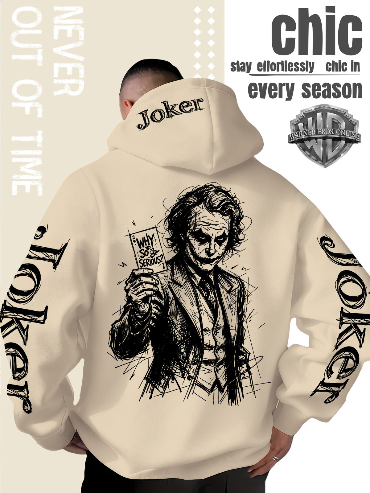 WB Warner Bros. Official Licensed Men's Joker Hooded Sweatshirt - Iconic Joker Portrait Print Hoodie, Soft Pilling-Resistant Fabric, Loose Fit Streetwear Pullover Suitable for Autumn/Winter, Machine Washable for Home, Outings & Joker-Themed Apparel - Apricot