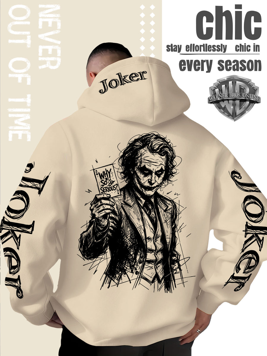 WB Warner Bros. Official Licensed Men's Joker Hooded Sweatshirt - Iconic Joker Portrait Print Hoodie, Soft Pilling-Resistant Fabric, Loose Fit Streetwear Pullover Suitable for Autumn/Winter, Machine Washable for Home, Outings & Joker-Themed Apparel - Apricot