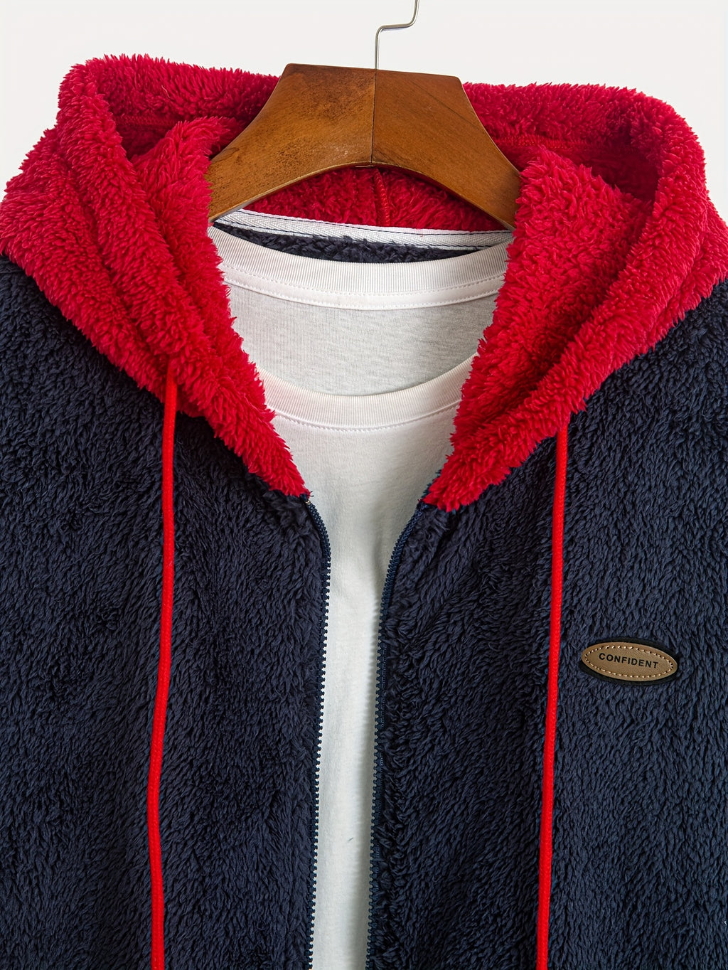 Men's Colorful Plush Hooded Zip-Up Sweatshirt Jacket with Contrast Patch Embroidery, Warm and Thickened for Autumn/Winter - Navy Color