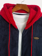 Men's Colorful Plush Hooded Zip-Up Sweatshirt Jacket with Contrast Patch Embroidery, Warm and Thickened for Autumn/Winter - Navy Color