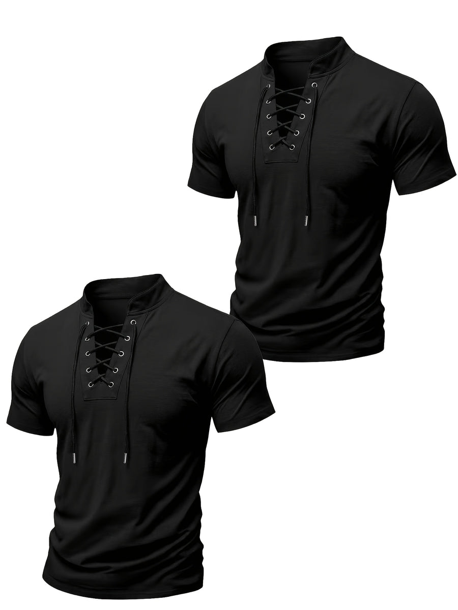 2026 New Men'S Casual Small Lapel Solid Color Short Sleeve, 2pcs Set - Black On Black
