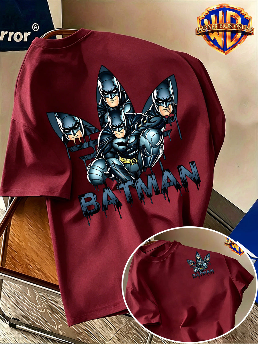 Warner Bros. Authentic Unisex 100% Short-Sleeve T-Shirt, American Street Party Illustration Short Sleeve, Hero-Themed Double Print, Exquisite Chest Graphic with Multi-Character Combination on the Back, Graffiti Drip Ink Lettering Details, Cool-Toned - Burgundy