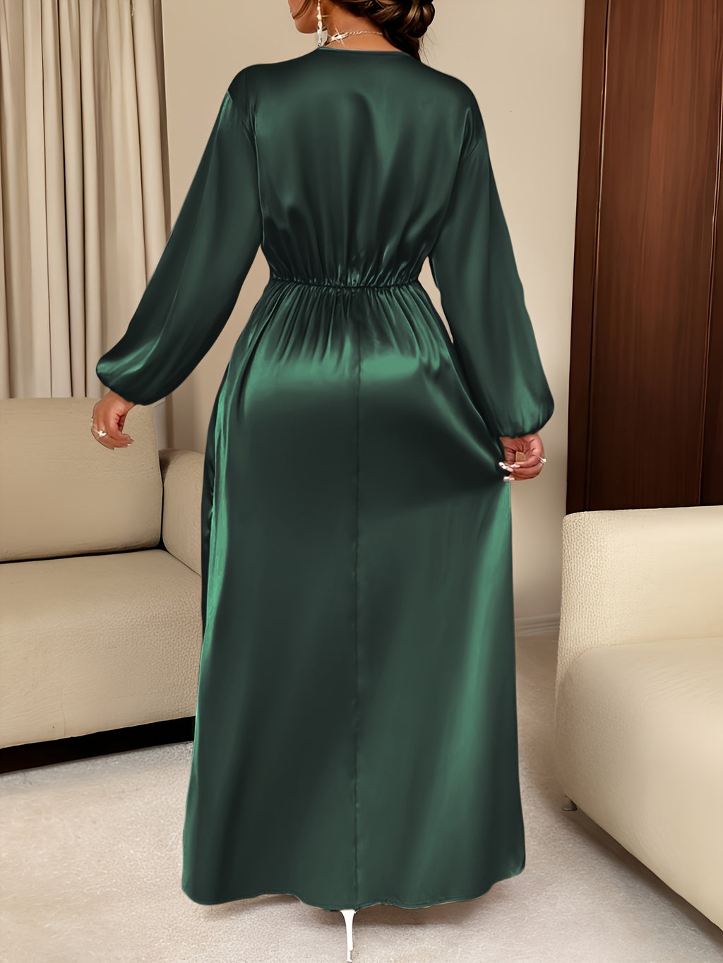 Women's Solid-color Simple Daily and Party Banquet Satin Bridesmaid Dress with Pleated Design - Dark Green