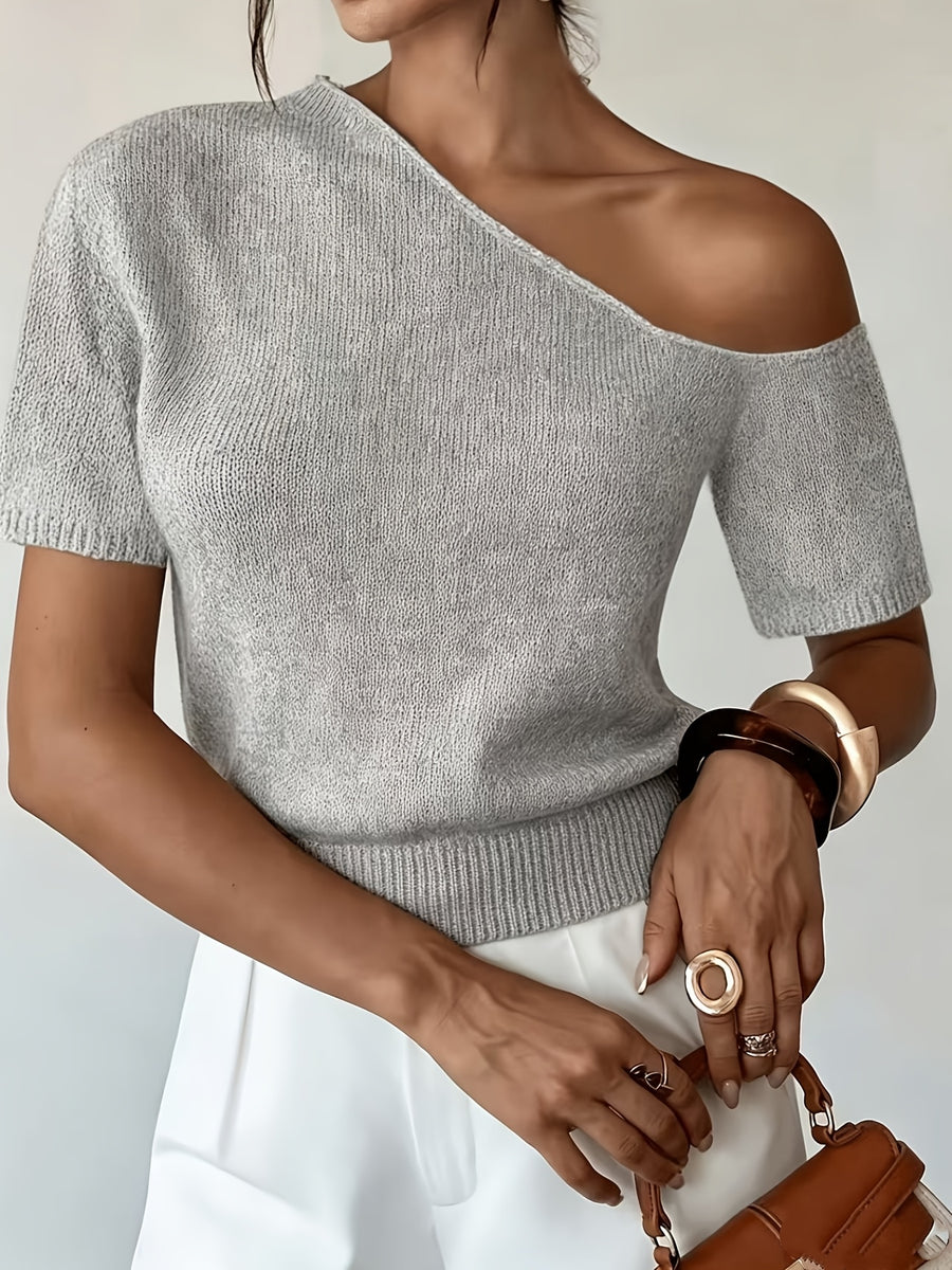 Women'S New Spring Summer Off-Shoulder Short Sleeve Basic Solid Color Casual Elegant Women'S Top - Silvery Grey