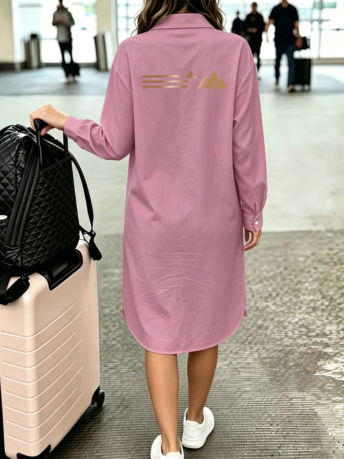 1pc Minimalist Long-Sleeve Shirt Dress with Golden Pattern Decoration on Front and Back, Suitable for Daily Commuting and Travel Wear, Printed New Y2K Style, Women's Elegant Commuter Vacation Dress, Casual Commuter Fashion Versatile Long Shirt - Pink Color