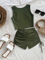 Women'S Fashion Solid Color Shorts And Vest 2pcs Set, Solid Color Drawstring Design, Suitable for Sports And Daily Outings - Green