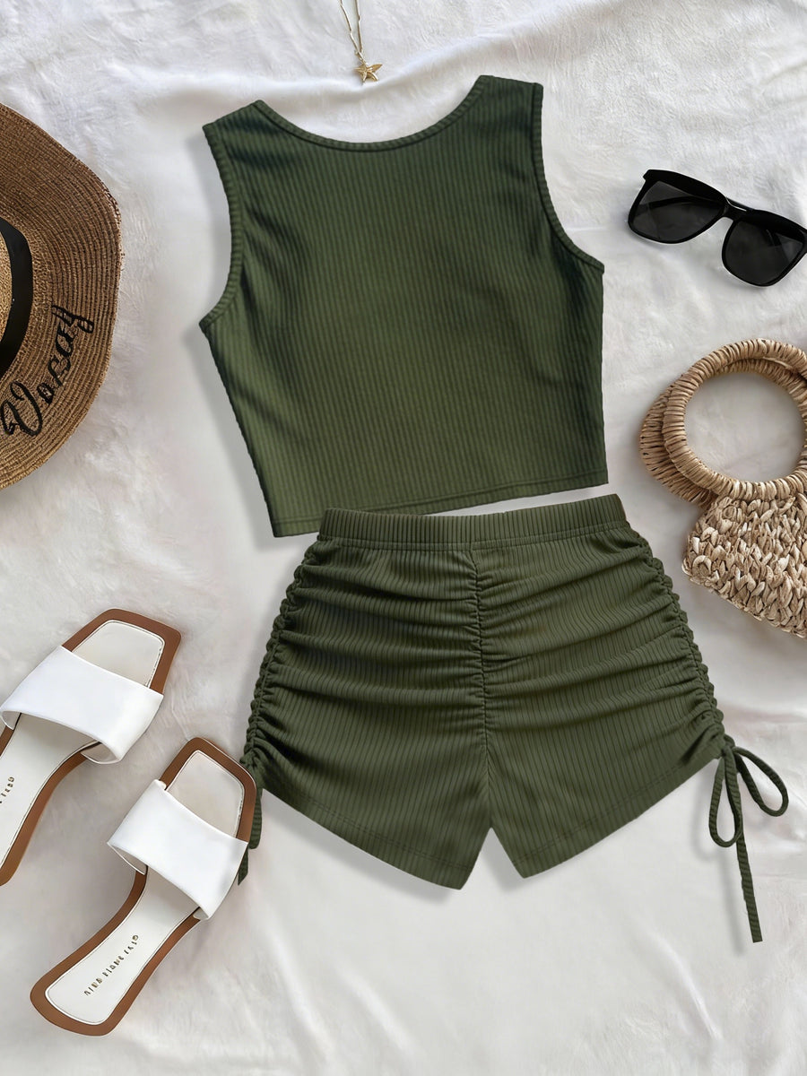 Women'S Fashion Solid Color Shorts And Vest 2pcs Set, Solid Color Drawstring Design, Suitable for Sports And Daily Outings - Green