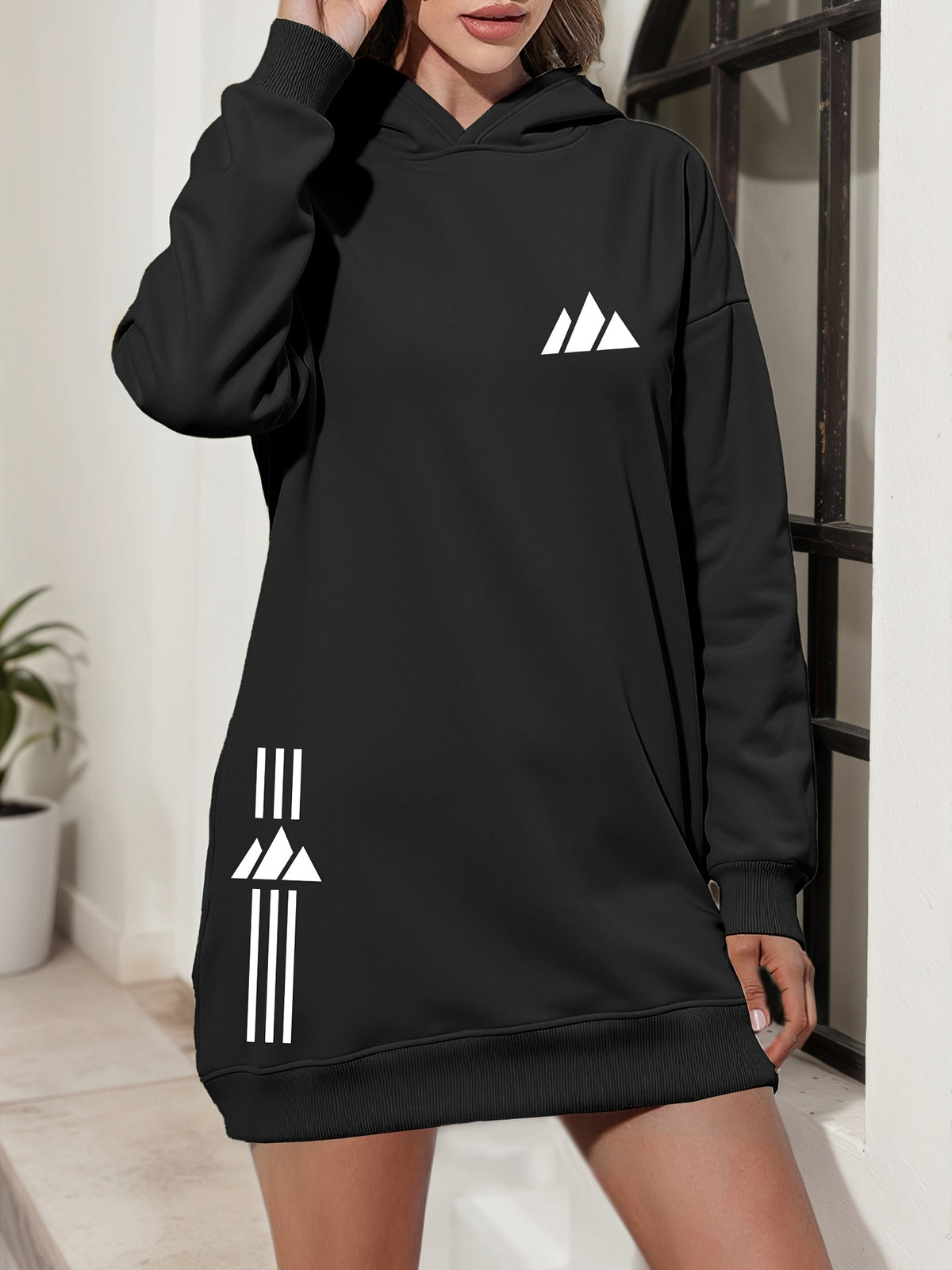 European And American Women'S Fleece-Lined Hooded Sweatshirt Dress Letter Print Thickened Hoodie Sweatshirt Dress Sweatshirt Long Trendy Casual Fashion Versatile Temperament Pullover Shirt Women'S Tops Women'S Winter Clothing - Black