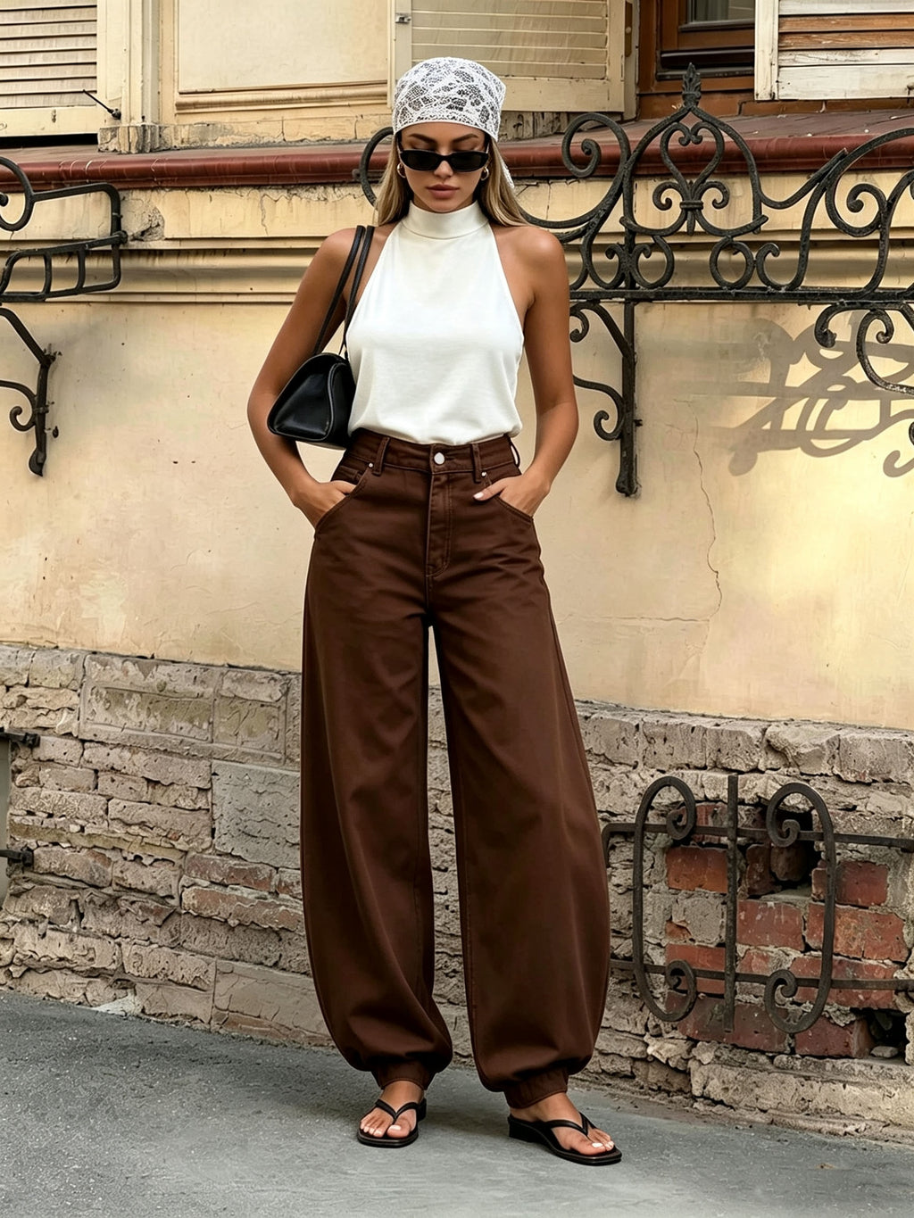 Brown High-Waist Cuffed Workwear Jeans for Women, Loose Harem Casual Long Pants, European and American Street Style Versatile Solid Color Drawstring Jeans - Coffee Color