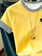New Summer Women's T-Shirt, Round Neck Casual Apparel, Women's Pullover, Casual Commuter Wear, Daily Outing Base Layer, Simple Small Heart Pattern Print, Energetic and Lively, Streetwear, Outing Outfit, Basic Versatile Piece, As a Gift - Bright Yellow