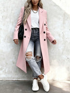Over-The-Knee Long Premium Design Style Long Sleeve Trench Coat Women'S New Suit Collar Double-Breasted Casual Coat Jacket - Pink Color