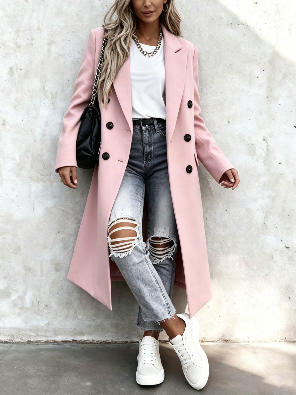 Over-The-Knee Long Premium Design Style Long Sleeve Trench Coat Women'S New Suit Collar Double-Breasted Casual Coat Jacket - Pink Color