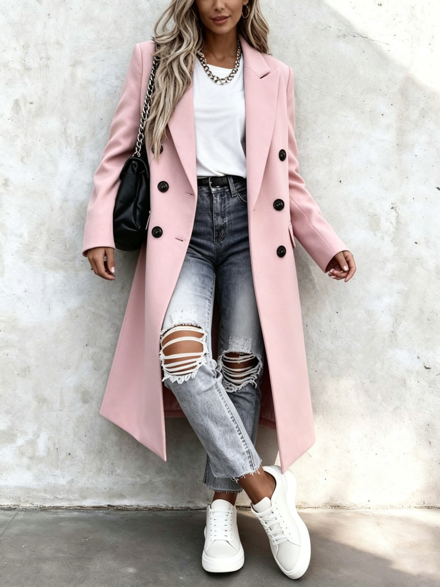Over-The-Knee Long Premium Design Style Long Sleeve Trench Coat Women'S New Suit Collar Double-Breasted Casual Coat Jacket - Pink Color