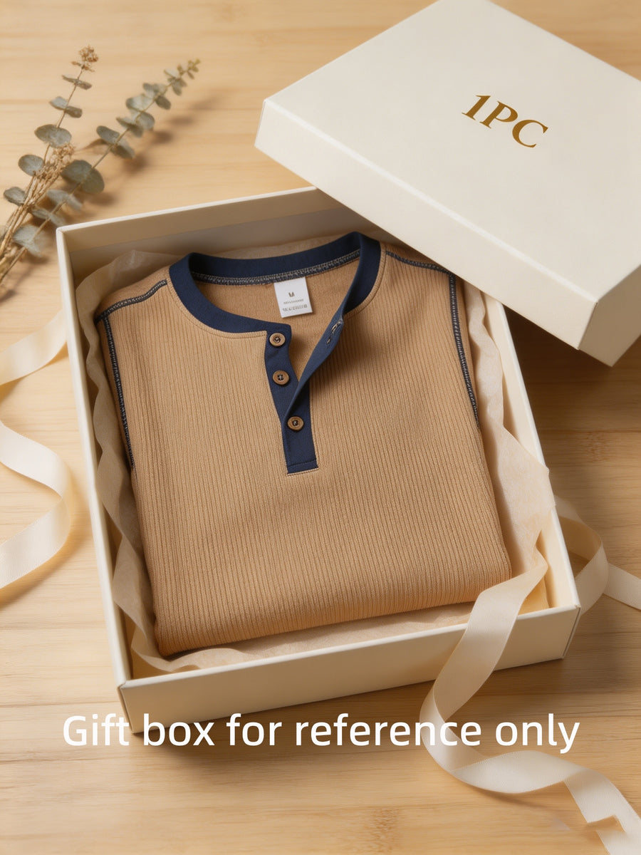 1pc Men'S Spring Summer Casual Henley Shirt, Long Sleeve T-Shirt, Retro Color-Block Trimmed Button-Front, American Easy Versatile Base Layer, Casual Commute Date Comfortable Top Single Pc - Khaki