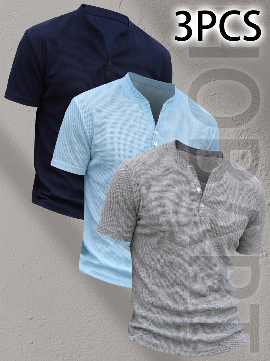 3pcs Men'S Henley Short Sleeve T-Shirts - Breathable Waffle Knit Summer Casual Tees with Button Front, Solid Color Round Neck, Machine Washable for Outdoor & Casual Wear, Stylish Button Detail, Lightweight Fabric, Easycare Material - Type 16