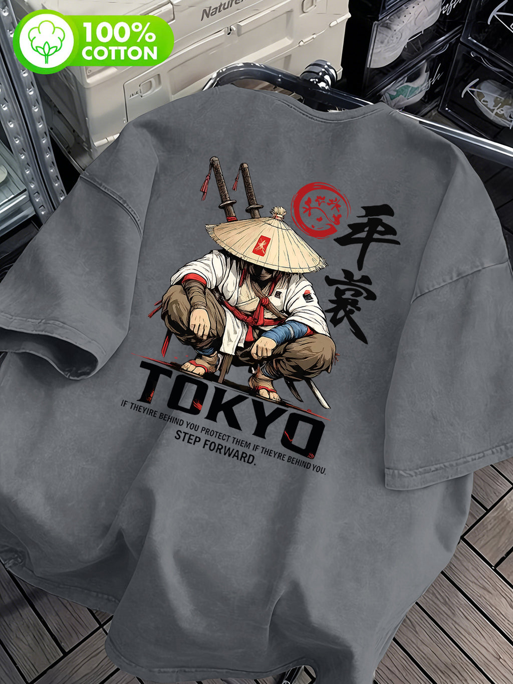 Men's 100% Cotton Washed "Japanese Dark Gothic Style Printed T-Shirt, Samurai Illustration Design, Enhances Outfit Recognizability" Front and Back Double-Sided Print - Casual Cotton Versatile Loose-Fit Summer Crew Neck Short Sleeve - Grey