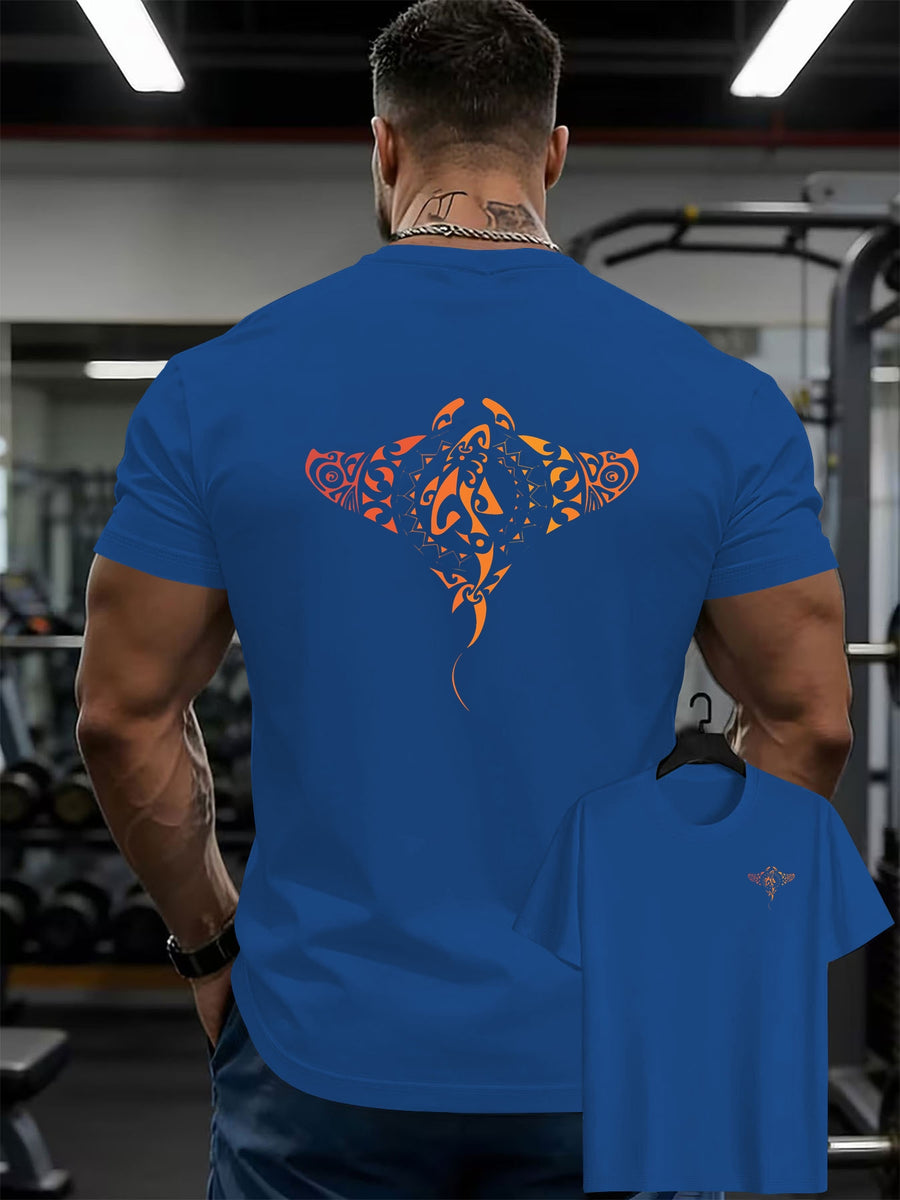 100% Men'S T-Shirt, Multi-Colors Available, Men'S Manta Ray Pattern T-Shirt, Front And Back Print T-Shirt, Summer Casual Round Neck Short Sleeve T-Shirt - Royal Blue