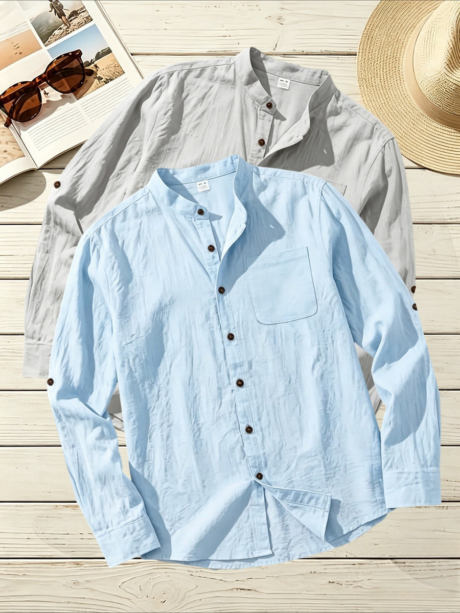 2pcs Men's Linen Fabric Henley Collar Long Sleeve Shirt, Simple Vintage Style, Loose Fit for Spring and Autumn, Multiple Color Options, Suitable for Outdoor Outings, Urban Commuting, and Home Wear, Versatile for Daily Casual and Holiday Occasions - Gray+Blue