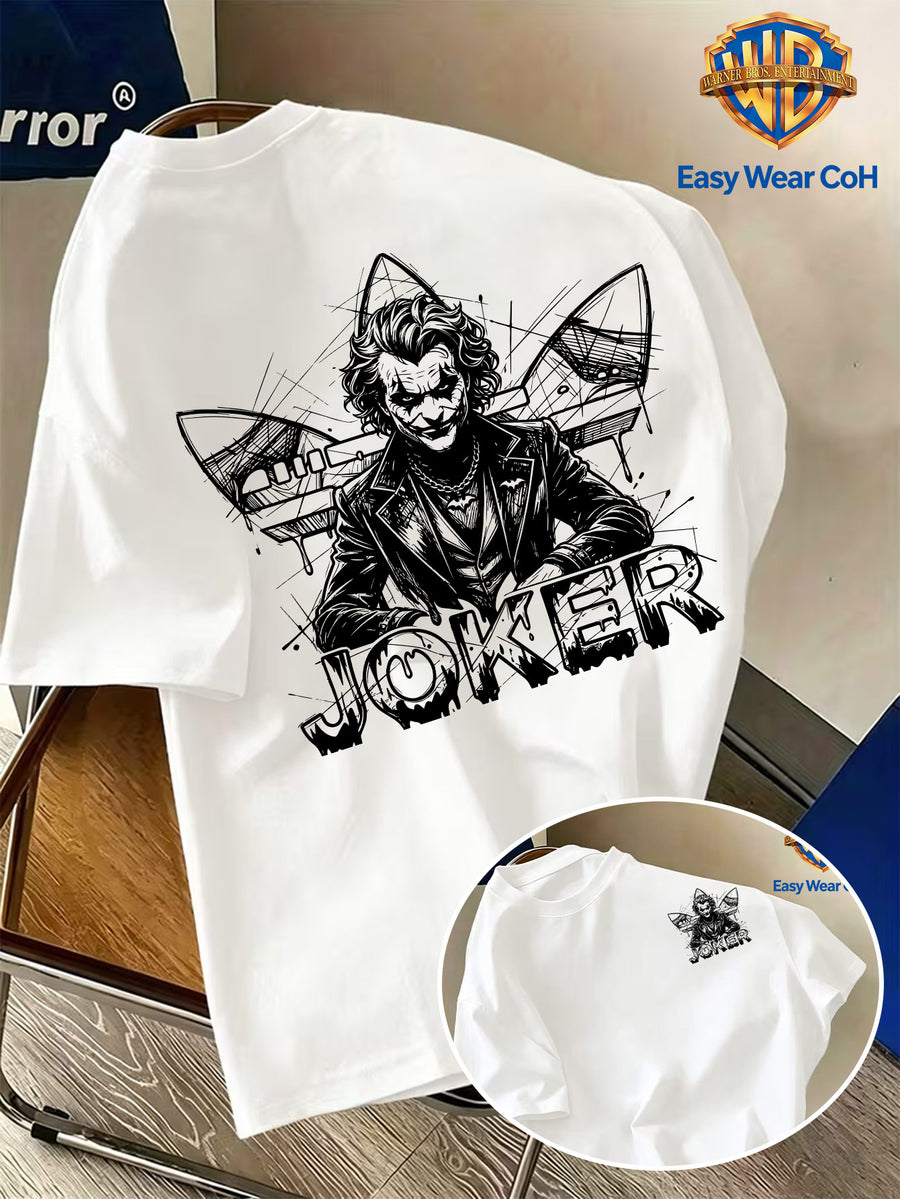 Warner Bros. Official New Academic Style Men's Short-Sleeve T-Shirt, Featuring a Unique Dark Graffiti Clown Design with "JOKER" Text, a Creative and Niche Print That's Hard to Replicate. Made from Comfortable, Breathable, and Skin-friendly Fabric - White