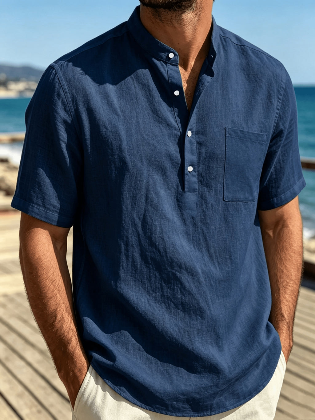 Men'S 3pcs Set of Stand-Collar Henley Short-Sleeve Shirts, Summer Thin Casual Button-Up Shirts, Chest Pocket Loose Breathable Solid-Color Short-Sleeve Tops - Navy blue + black + khaki